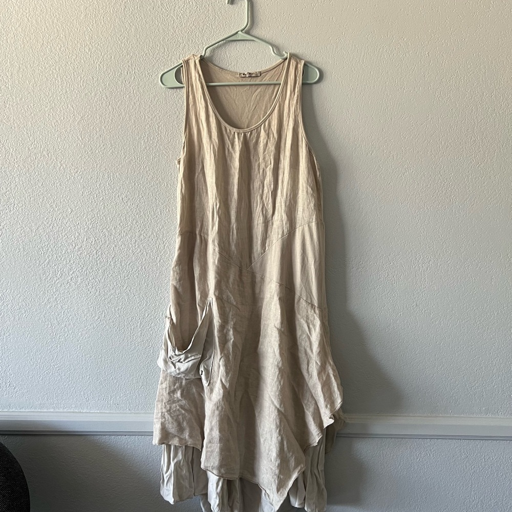 Meo Meli Linen Dress Womens One Size Oatmeal Italian Lagenlook With Pockets